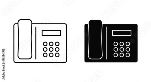 Minimalist office landline telephone icons in outline and solid black styles for corporate communication, customer service, and business contact information.