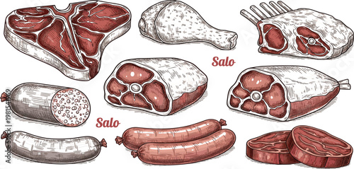 Vintage Engraved Meat Cuts and Sausages Collection with Beef, Pork, Ham and Salami, Hand Drawn Food Illustration Set for Butcher Shop, Menu Design, and Culinary Concepts