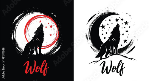 This captivating vector graphic illustration presents a majestic wolf silhouette howling passionately at a prominent crescent moon adorned with twinkling stars, enclosed within an artistic textured ci