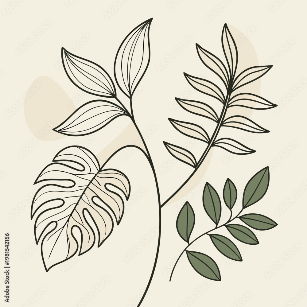 Fototapeta premium Minimal Botanical Line Art with Abstract Shapes