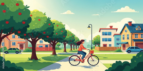 Woman Riding Bicycle Through Peaceful Suburban Neighborhood with Lush Green Trees, Apple Orchard, Cozy Houses, and Sunny Day Outdoor Lifestyle Illustration