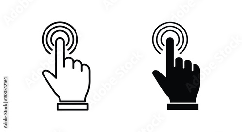 Minimalist hand cursor icons in outline and solid styles for digital interface navigation, touch screen interaction, and user experience design on a white background.