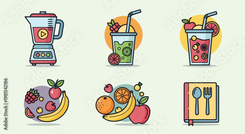 Healthy Fruit Smoothies and Ingredients Icons Set