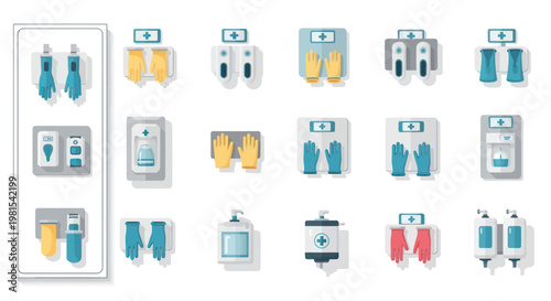Medical Hygiene Equipment Icons: Gloves, Sanitizer, Dispensers, Scales