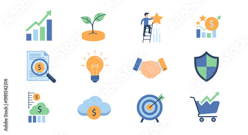 Business Growth Icons Set: Finance, Investment, Success, Strategy, Marketing, Ideas