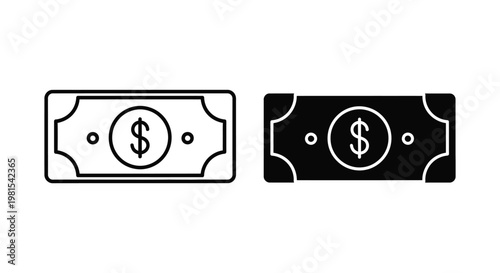 Minimalist dollar bill icon set featuring outline and solid banknote designs for financial applications, banking interfaces, and digital payment systems on a clean white background.