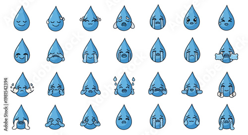Cute Water Drop Emoticons Set: Happy, Sad, Crying, Laughing, Angry, Surprised Faces