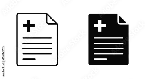 Set of medical document and patient health record icons in outline and solid styles for healthcare administration and digital insurance claims