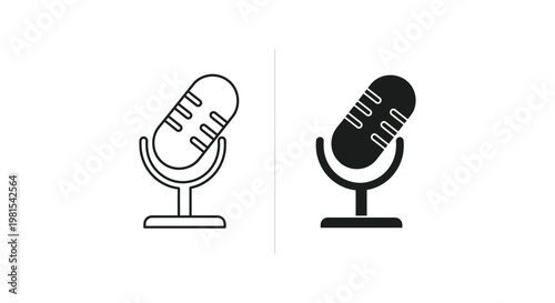 Professional microphone icon set featuring outline and solid black designs for podcasting, radio broadcasting, and digital audio recording interfaces.