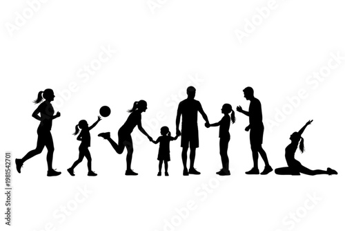 Silhouette Family Wellness: A heartwarming depiction of family life, showcasing parents and children engaging in various activities to promote health and well-being.