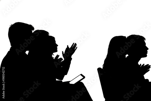 Applauding Audience in Silhouettes: An audience of silhouettes attentively listens and applauds. conveying the collective appreciation and enthusiasm of the listeners