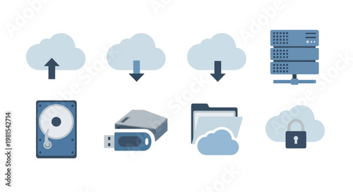 Cloud Computing Icons: Upload, Download, Server, HDD, USB, Folder, Security