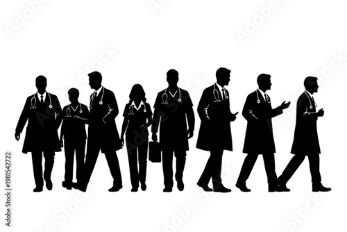 Silhouette of Medical Professionals: A stark silhouette captures a group of dedicated healthcare individuals, walking purposefully, ready to serve, symbolizing commitment and expertise.