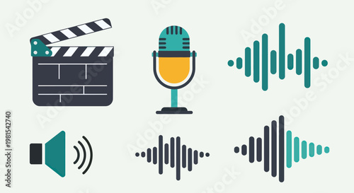 Audio Visual Production Icons: Clapperboard, Microphone, Speaker, Sound Waves