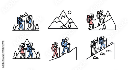 Mountain Hiking Adventure Icon Set: Couple Climbing Peaks, Backpacking Trekkers