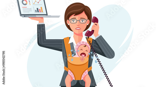 Overwhelmed Working Mother Multitasking with Crying Baby, Laptop, and Phone - Work-Life Balance Concept Illustration