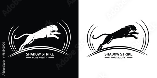 Powerful silhouette of a jumping panther displayed in two high contrast color variations representing speed and incredible athletic predatory strength