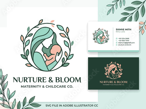 Elegant Mother and Baby Logo Design Template with Floral Wreath for Maternity, Childcare, Doula, and Wellness Brand Identity