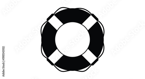 A stark black and white image of a life preserver ring silhouette