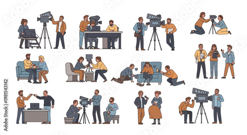 Filmmaking crew working on set, directing, filming, and editing scenes with cameras and equipment