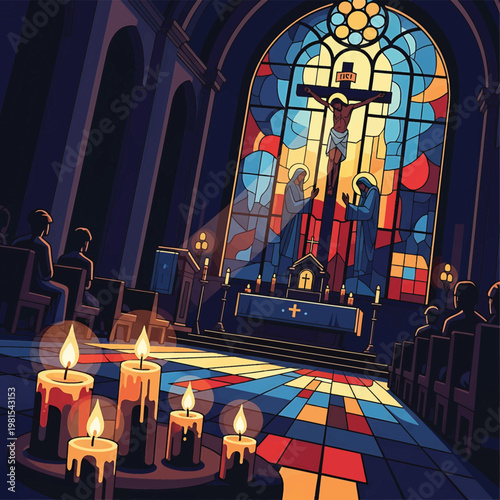 Crucifix in stained glass window church.