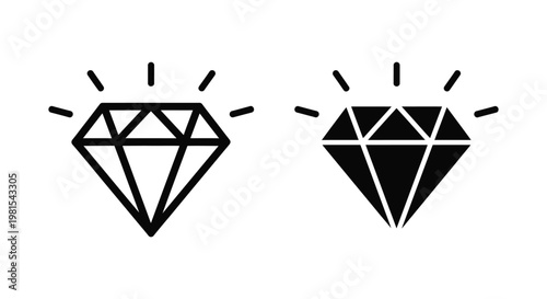 Minimalist diamond icons in outline and solid black styles representing luxury, premium quality, and wealth for jewelry branding and user interface design.