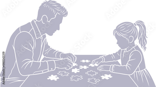 Father and Daughter Solving Jigsaw Puzzle Illustration - Silhouette Art of Family Bonding, Quality Time, and Early Childhood Education at Home