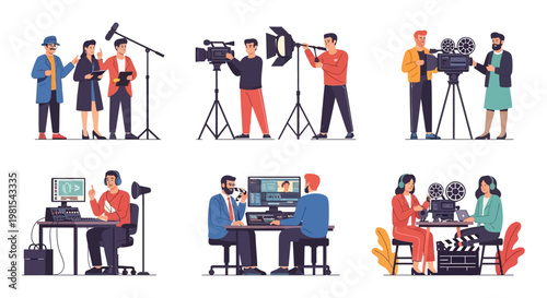 Filmmaking Production Crew, Video Shooting, Editing, Interview, Broadcast Studio Scenes