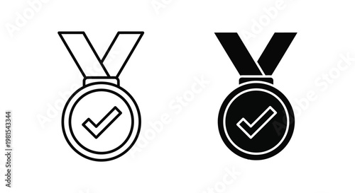 Minimalist medal icons with checkmarks in outline and solid styles symbolizing achievement, quality assurance, and successful completion for business or sports recognition.