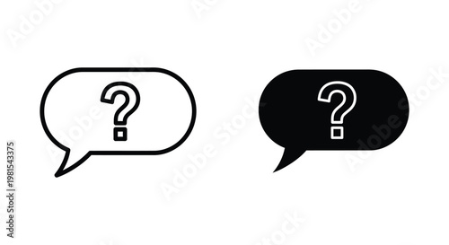 Minimalist question mark chat bubble icons in outline and solid black styles, ideal for FAQ, customer support, help centers, and communication design.
