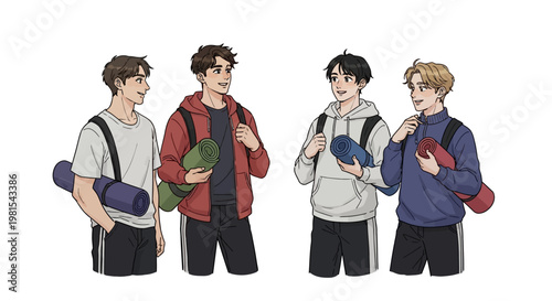 Four young men with yoga mats, ready for a workout or outdoor activity.