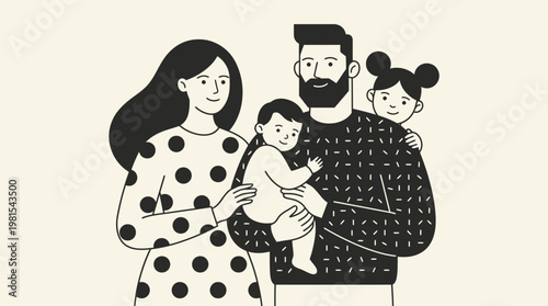 Minimalist Black and White Family Illustration of Mother Father Baby and Daughter in Modern Line Art Style