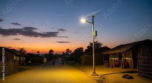 solar-powered street light casts a warm glow on a dirt road in a rural village as the sun sets, illuminating simple homes and pathways.