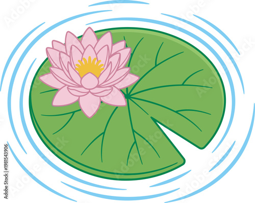 Pink water lily on a green lily pad with blue water ripples. Minimalist flat vector illustration of a lotus flower for wellness, meditation, and pond life themes. Isolated on transparent background.