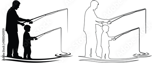 Adult teaching child how to use fishing rods together outdoors