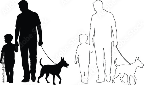 Family walking dogs silhouette illustration with different dog breeds
