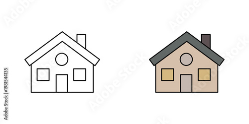 Basic house design with outline and filled color versions
