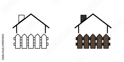 Residential house icon with fence in clean line and colored version