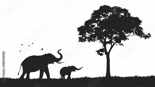A stylized and enchanting vector silhouette showcases a majestic adult elephant and its charming calf, both with raised trunks in a pose of greeting or celebration, standing beneath a uniquely decorat