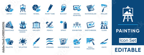 Painting icon set. Containing artist, canvas, palette, watercolor, brush, gallery, masterpiece, sketchbook and more. Solid vector icons collection.
