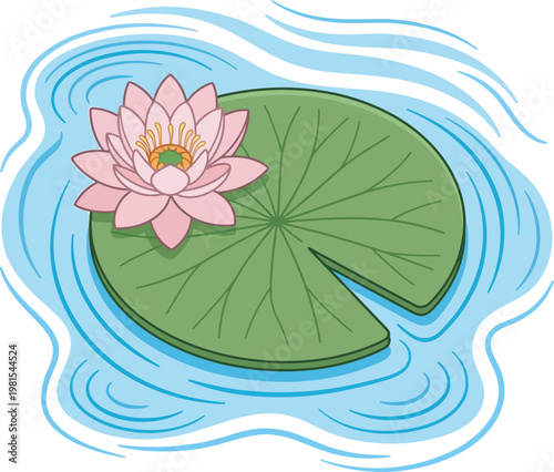 Top view of a pink lotus flower on a dark green lily pad. Symmetrical flat vector illustration with soft blue water ripples for zen, spa, and aquatic nature themes. Isolated on transparent.