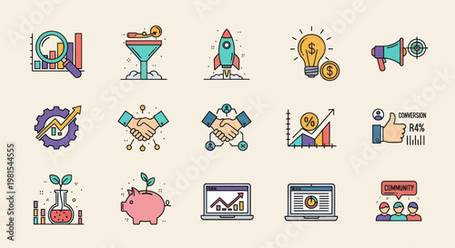 Business Growth Icons: Rocket, Finance, Strategy, Teamwork, Ideas, Marketing