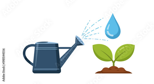 Watering Can Nourishing Young Plant Sprout Growing in Soil