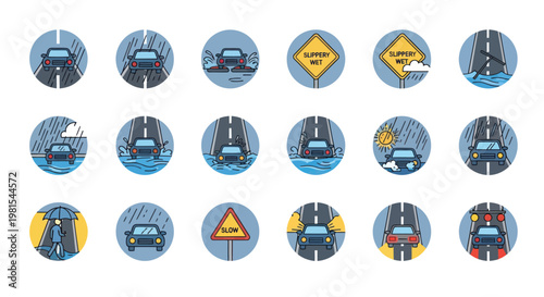 Car Driving Icons: Rainy Weather, Flooded Roads, Slippery Surface, Warning Signs