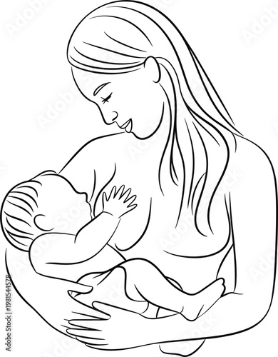 Mother breastfeeding newborn baby, minimalist line art vector of maternal bonding and infant nutrition health care
