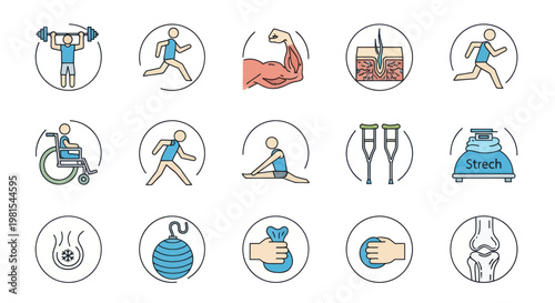 Health and Fitness Icons Set: Exercise, Injury, Rehabilitation, Wellness