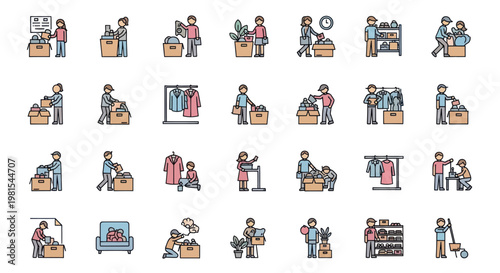 Donation Icons: People Sorting Clothes, Boxes, and Furniture for Charity