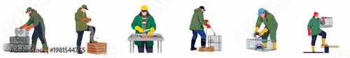 Flat vector illustration set of commercial fishermen engaged in various tasks like hauling crab traps, mending nets, and cleaning fresh fish.