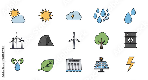 Renewable Energy Icons: Sun, Wind, Water, Solar, Hydro, Oil, Leaf, Bolt