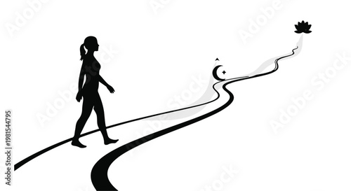 Woman walks along a path leading toward a lotus flower to represent spiritual enlightenment and personal growth.